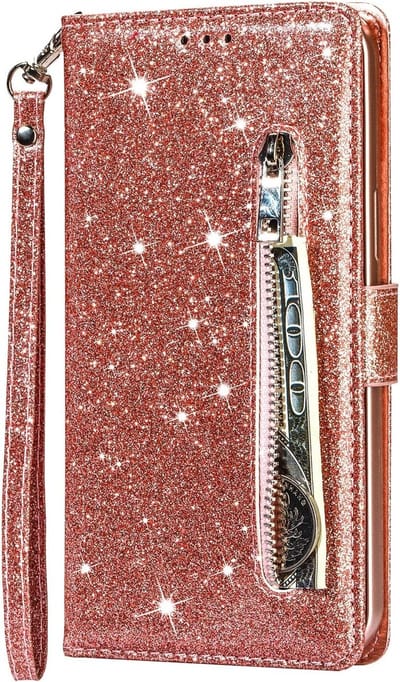 Portemonnee Hoesje - Wallet Case - Rits Sparkly Glitter - Telefoonhoes met Kord Geschikt voor: Samsung Galaxy S20 Plus - Rosegoud