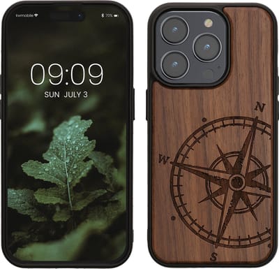 kwmobile telefoonhoesje geschikt voor iPhone 15 Pro - Hoesje met bumper - hout - In donkerbruin Vintage Kompas design