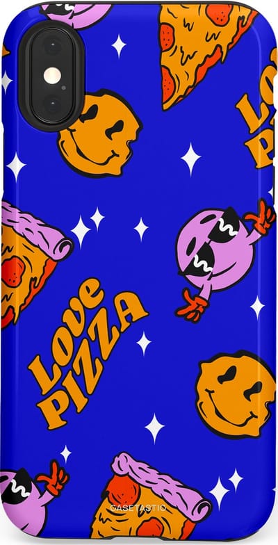 Casetastic hoesje geschikt voor Apple iPhone X / Apple iPhone XS - Dubbellaagse bescherming - Funky Pizza - Fashion Case - Paars Okergeel Donkerblauw Bruin