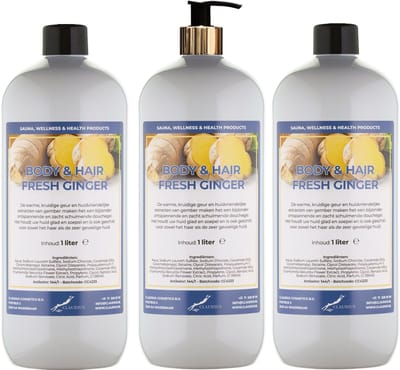Body & Hair Fresh Ginger 1 liter met gouden pomp - set van 3 stuks - 2 in 1 voor lichaam en haar - voordeelverpakking