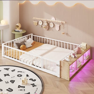 DESMIU Metalen Bed 140 x 200 cm Zonder Matras – Stevig Volledig Metalen Bedframe Met Open Opbergvak En Led Verlichting – Kinderkamer En Kleine Ruimtes – Wit