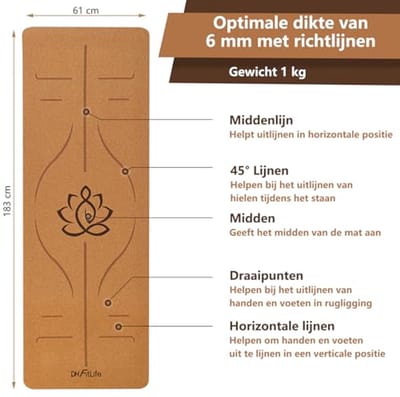 Antislip Yoga- en Gymnastiekmat van Kurk en TPE - 183 x 61 x 0,6 cm - Demping en Comfort voor Thuis en Oefeningen