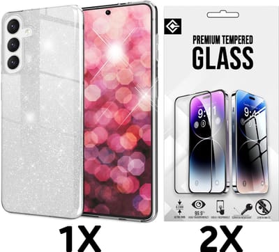 Casemania Hoesje + Glas Geschikt voor Samsung Galaxy A16 - Zilver - Glitter Back Cover - 2x Glazen Screenprotector