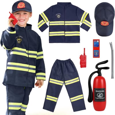 Kinderen Brandweerman Kostuum met 8 Accessoires voor Rollenspel, Educatief Brandbestrijdingsspel, Blauw, Geschikt voor 3-9 Jaar