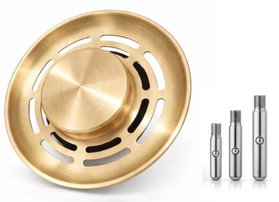 Waterval Gootsteen Zeef 84mm – RVS 304 Korfplug / Afvoerzeef – Geborsteld – Inclusief 3 Verwisselbare Pinnen – Goud