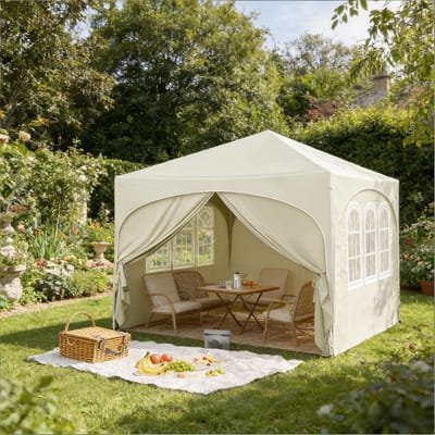 REDOM - Opvouwbare Partytent - Met Afneembare Zijwanden - In Hoogte Verstelbaar - Tuin En Buiten - Metaal - Beige - 3 X 3 M