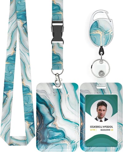 Marmeren Badgehouder met Retractable Reel en Afneembare Lanyard voor Kantoorwerkers - Verticale Kaartbeschermer in Cyan Marmerpatroon