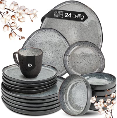 Moritz & Moritz ORGANIC Serviesset 6 Persoons - 24-delig Servies Set met Dinerbord, Soepbord, Dessertbord en Kopje - Steengoed - Grijs