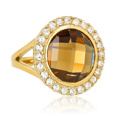 My Bendel - Elegante Ring met Ronde Glassteen & Zirkonia • Smoky Topaz - met Luxe Cadeauverpakking | Sieraden Voor Dames | Maat 18.00 Mm / Maat 57