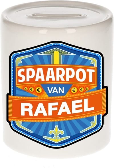 Bellatio Decorations Kinder spaarpot met naam - Rafael - keramiek - met dop - wit - Sparen - Spaargeld van Rafael