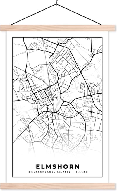 Posterhanger incl. Poster 40x60 cm - Schoolplaat - Plattegrond - Elmshorn - Kaart - Stadskaart - Textielposter - Blanke latten - Stadskaart