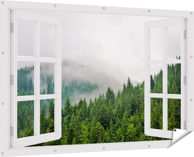 Gards Tuinposter Doorkijk Groen Bos met Bomen tijdens de Mist - 180x120 cm - Tuindoek - Tuindecoratie - Wanddecoratie buiten - Tuinschilderij