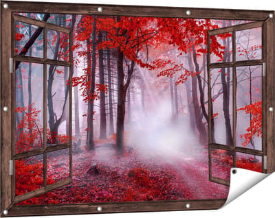 Gards Tuinposter Doorkijk Rood Bos met Bomen - 120x80 cm - Tuindoek - Tuindecoratie - Wanddecoratie buiten - Tuinschilderij
