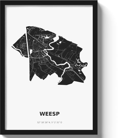 Poster Weesp A2 - 42 x 59,4 cm - Zwart/Wit Inclusief lijst (Zwart MDF)
