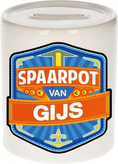 Bellatio Decorations Kinder spaarpot met naam - Gijs - keramiek - met dop - wit - Sparen - Spaargeld van Gijs