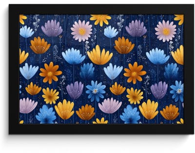Poster in lijst - Fotolijst 30x20 cm - Posters - Bloemen - Patroon - Blauw - Contrast - Posterlijst zwart - Decoratie - Wanddecoratie woonkamer - Muurdecoratie slaapkamer