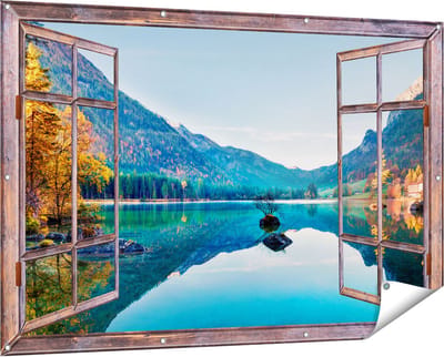 Gards Tuinposter Doorkijk Meer met Herfstbomen - 150x100 cm - Tuindoek - Tuindecoratie - Wanddecoratie buiten - Tuinschilderij