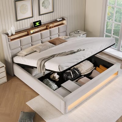 Gestoffeerd Opbergbed met LED 160x200 cm – Luxe Tweepersoonsbed met Verstelbaar Hoofdbord, Lattenbodem & Gasveer Opbergruimte – Beige Linnen Bedframe – Pauwhome