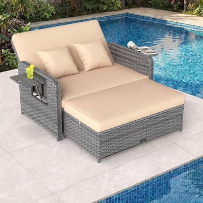 Polyrotan tuinbank met ligfunctie 166 x 111 x 55 cm – 2-zits loungeset met verstelbare rugleuning, opbergbank en kussens – Compacte balkonmeubels met zijtafels – Beige Urbanhome