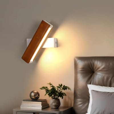 Haobosic Rechthoekig Hout - Wandlamp - Rood Notenhout/Witte Basis - 4W Warm Wit 3000K - Houten Materiaal