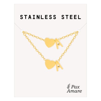 Initiaal Ketting & Armband set met Letter A Goudkleurig - Stainless Steel - Met letter & Hartje! - Naam Ketting Cadeau - Sieraden Set op Kaartje - Pax Amare