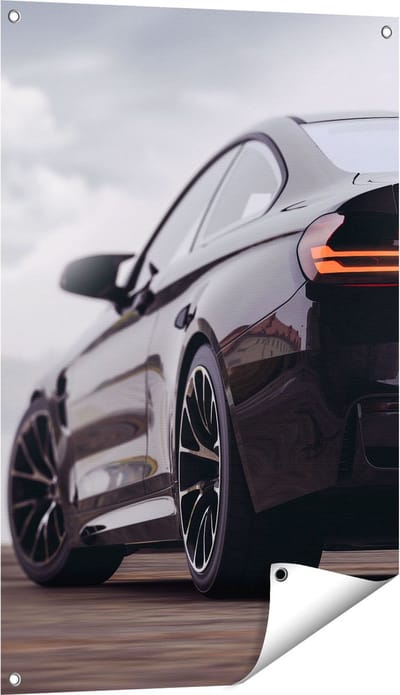 Gards Tuinposter Zwarte Sportwagen Auto van Achter - 60x90 cm - Tuindoek - Tuindecoratie - Wanddecoratie buiten - Tuinschilderij