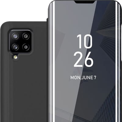 Cadorabo Hoesje geschikt voor Samsung Galaxy A42 4G in TOERMALIJN ZWART - Clear View Spiegel Beschermende Case met Tribunefunctie 360 Graden Bescherming Book Case Cover Etui