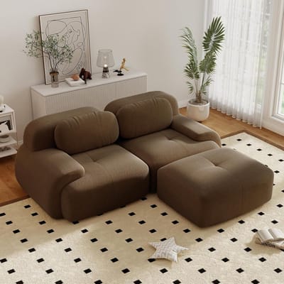 Moderne Hoekbank, L-Bank, 2-Zitsbank, Moderne 208 cm Brede, Converteerbare Hoekbank met Voetenbank, L-vormige Modulaire Corduroy Bank, Compacte Bank voor 2-4 Personen voor de Woonkamer, Extra Diepe Zitting, Geen Montage Nodig-Brown