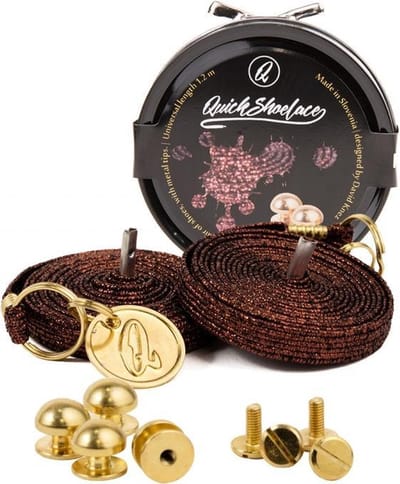Quick shoelaces - Met één hand veters strikken - Prestige - Gecoat met een laagje 24k goud - Prestigo - Schoenveter met fixatie rond - Bruin met glitter