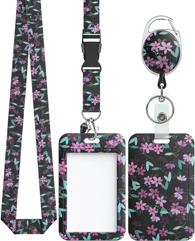 Floral Sliding Badge Holder met Roze Bloemen, Retractable Badge Reel, Carabiner Clip en Afneembare Lanyard Strap voor Professioneel Gebruik