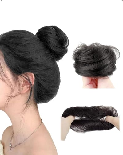 Hoge elastische haaraccessoire voor dames, fluffy scrunchies en synthetische donut chignons voor dagelijks gebruik, zwart-bruin