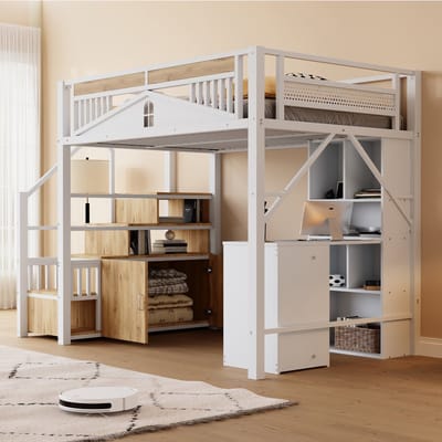 REDOM Hoogslaper – 140x200 cm – Met trap, opbergruimte & veiligheidshek – Metaal & hout – Wit