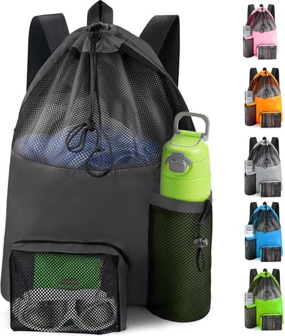 Mesh strandtas - waterdichte sporttas voor dames en heren - grote zwembadtas met trekkoord voor zwemuitrusting - zwart