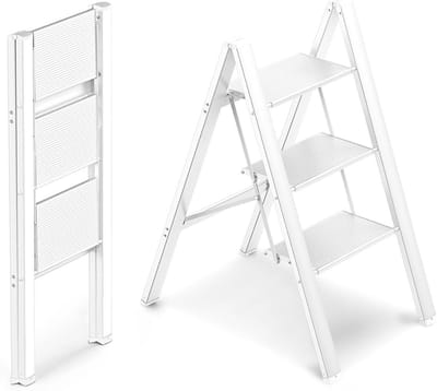 Opvouwbare trap - Aluminium kruk - Thuiswerkzaamheden - Antislip treden - 3 treden - Wit