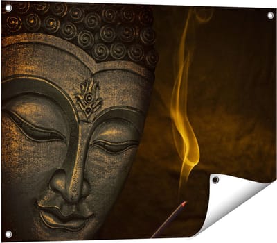 Gards Tuinposter Boeddha Beeld met Wierook - 80x60 cm - Tuindoek - Tuindecoratie - Wanddecoratie buiten - Tuinschilderij