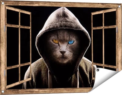 Gards Tuinposter Doorkijk Boze Kat Draagt een Hoodie - 90x60 cm - Tuindoek - Tuindecoratie - Wanddecoratie buiten - Tuinschilderij