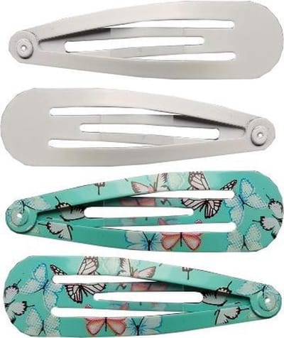 Haarsoires Haarspeld Klikklak 5cm – Vlinder Print Effen – Blauw Wit – Set van 4 - Haarclip Speldjes - Makkelijk in Gebruik - Haaraccessoires voor Volwassenen & Kinderen - Hair Clip - Decoratieve Haaraccessoire