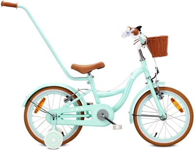 Sun Baby Kinderfiets 16 Inch FLOWER BIKE Retro, Fiets voor Meisje 4-6 Jaar, Max 50 kg - V-brakes, zijwielen, bel, reflectoren, stalen frame, verstelbaar - Mint