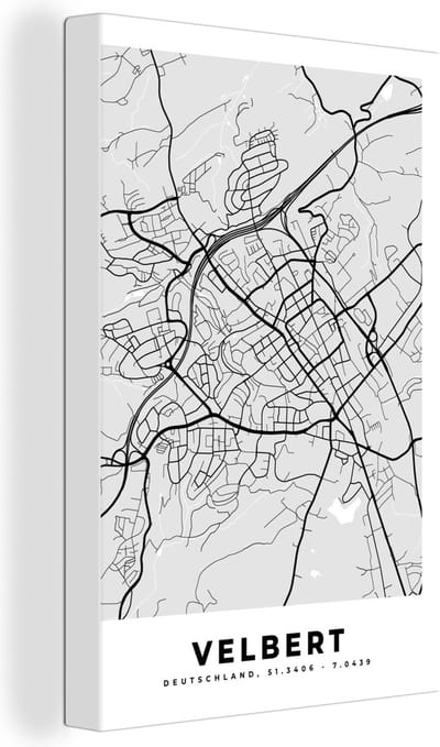 Canvas Schilderij Plattegrond - Velbert - Kaart - Stadskaart - Duitsland - 20x30 cm - Wanddecoratie