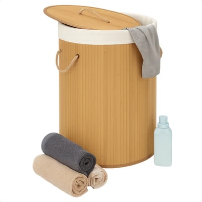 Lomera Bamboe Wasmand - Wasmand Met Deksel - 48 Liter Capaciteit - Ronde Wasmand - Natuurlijke Kleur - Afneembaar Deksel - Draaghengsels - Katoenen Waszak - Wasbare Zak - Metalen Ring Versteviging