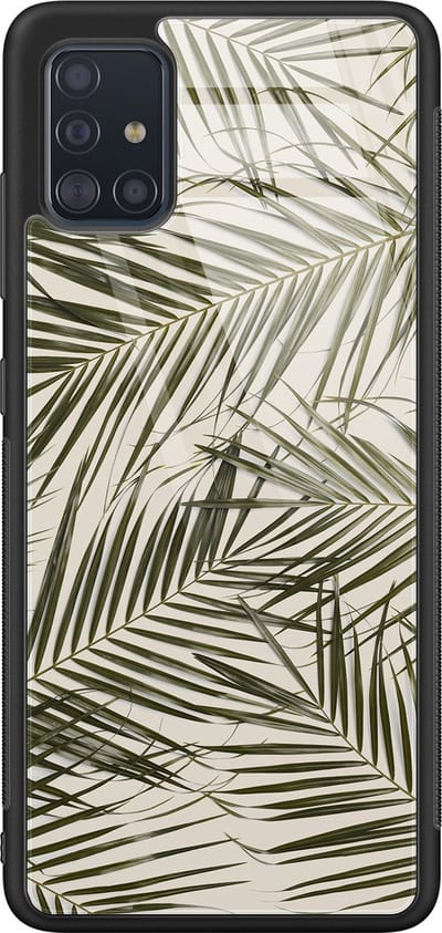 Hoesje geschikt voor Samsung Galaxy A71 - Palm leaves - Luxe Glazen Hardcase - Natuur - Roze