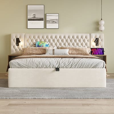 KOMHTOM Tweepersoonsbed met hydraulische opbergruimte 160x200 cm 2 nachtkastjes hoofdbord met leeslampje en USB-opladen Fluweel Beige