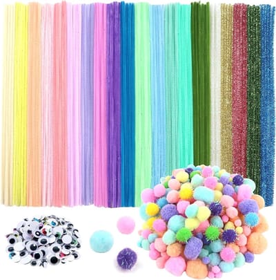 500-delige Kleurrijke Pijpenragers Set met Chenille Draad, Pompoms en Wobble Ogen voor Creatieve Knutselprojecten en Decoratie