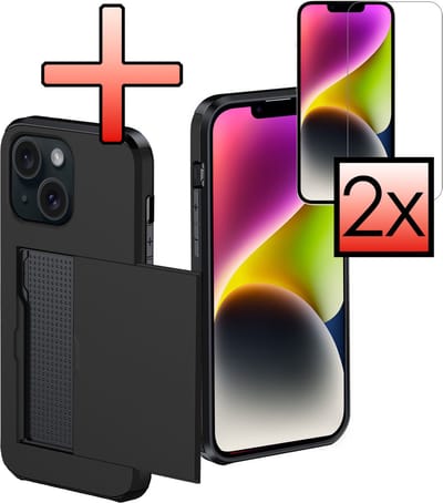 Hoes Geschikt voor iPhone 14 Hoesje Pasjeshouder Hard Cover Met 2x Screenprotector Shock Proof Hard Case Hoes Met Kaarthouder - Zwart
