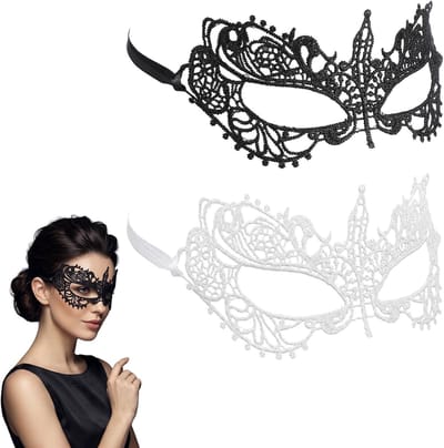 Elegante zwarte en witte kanten masker voor dames, perfect voor Halloween, carnaval en kostuumfeesten, 2 stuks, ideaal als feestaccessoire