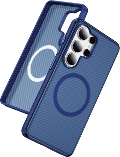 Casemania Hoesje Geschikt voor Samsung Galaxy S26 Ultra - Donker Blauw - Magnetishce Back Cover met Carbon Fiber Print - Bescherming Telefoonhoesje Geschikt voor MagSafe