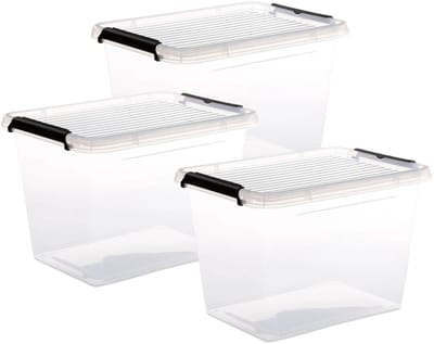5Five opberg kist met deksel - 3x - Clip Box - 19 liter - 39 x 29 x 27 cm - kunststof - transparant