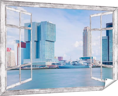 Gards Tuinposter Doorkijk Rotterdamse Skyline aan het Water - 180x120 cm - Tuindoek - Tuindecoratie - Wanddecoratie buiten - Tuinschilderij