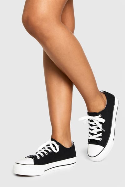 boohoo Dames Low Top Platform Lace Up Trainers | Black | Maat: 8