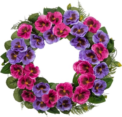 Ronte - Lentekrans voor voordeur 40,6 cm - Viooltje bloemenkrans - Zomer deurdecoratie - Paarse lente bloemen - Nep zijden bloemenkrans - Groene bladeren - Boerderij decoratie - Mantel decoratie - Keuken decoratie.